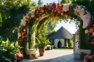 a flower archway is decorated with colorful flowers. AI-Generated photo