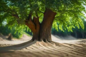 a tree in the desert with sand dunes in the background. AI-Generated photo