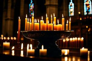 candles are lit in a church with candles. AI-Generated photo