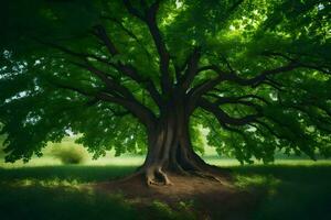 un grande árbol en el medio de un campo. generado por ai foto