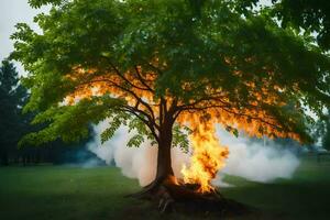 a tree with smoke coming out of it. AI-Generated photo