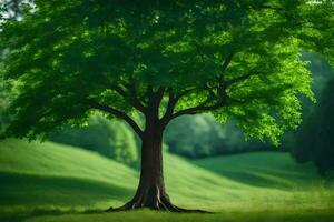 un árbol en un campo con verde césped. generado por ai foto