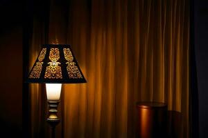 a lamp is sitting on a table in front of a curtain. AI-Generated photo