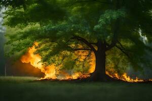 a tree with flames coming out of it in the middle of the field. AI-Generated photo