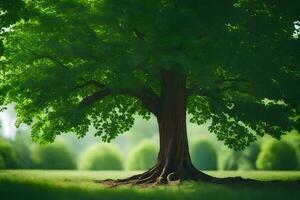 un árbol es mostrado en el medio de un verde campo. generado por ai foto