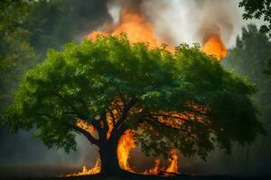 a tree is burning in the middle of a field. AI-Generated photo