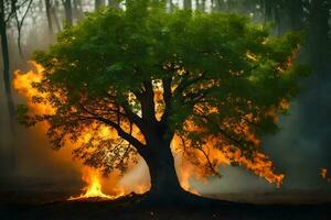 a tree is burning in the forest. AI-Generated photo