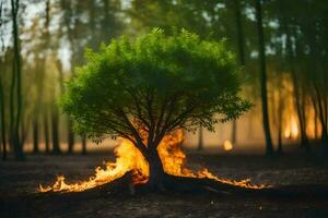 a tree is burning in the middle of a forest. AI-Generated photo