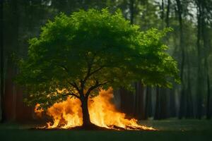 a tree is burning in the middle of a forest. AI-Generated photo