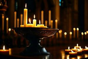 candles are lit in a church with candles. AI-Generated photo