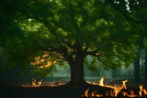 a tree with flames coming out of it in the middle of a forest. AI-Generated photo