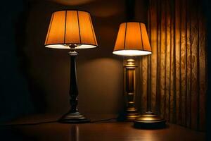 two lamps on a table in front of a wall. AI-Generated photo