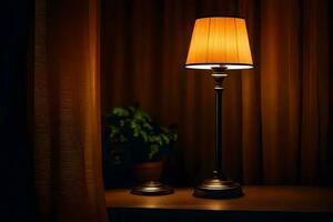 a lamp on a table in front of a curtain. AI-Generated photo