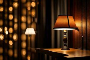 a lamp on a table in front of a wall. AI-Generated photo