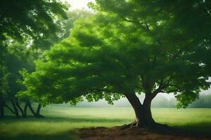 un árbol en un campo con verde césped. generado por ai foto