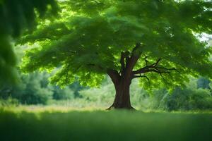 un árbol en el medio de un verde campo. generado por ai foto