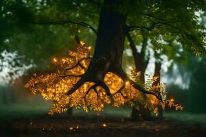 un árbol con luces en eso en el oscuro. generado por ai foto