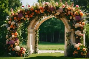 an archway with flowers and greenery. AI-Generated photo