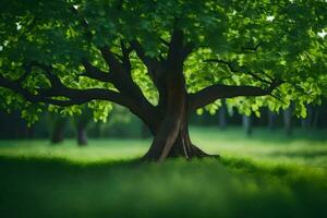 a tree in the middle of a green field. AI-Generated photo