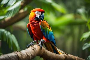 a colorful parrot sits on a branch in the jungle. AI-Generated photo