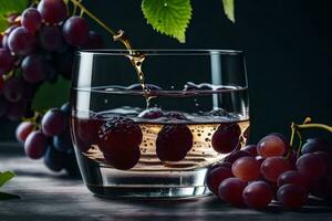 a glass of wine with grapes on a table. AI-Generated photo