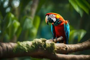a colorful parrot sitting on a branch. AI-Generated photo