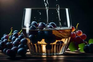 wine pouring into a glass of grapes. AI-Generated photo