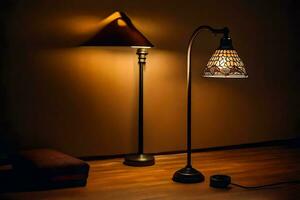 a lamp and a floor lamp in a dark room. AI-Generated photo