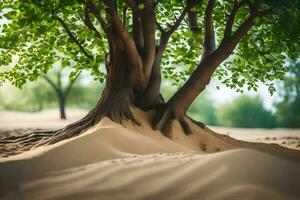 a tree with roots in the sand. AI-Generated photo