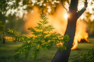 un árbol con un fuego en el antecedentes. generado por ai foto