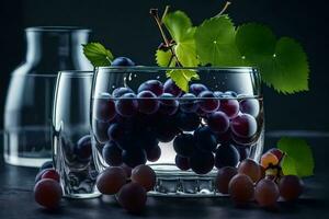 grapes in a glass with water and leaves. AI-Generated photo