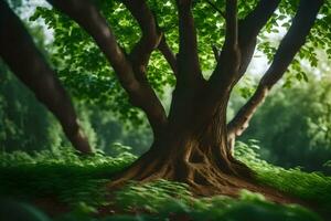 un árbol en el bosque con verde césped. generado por ai foto