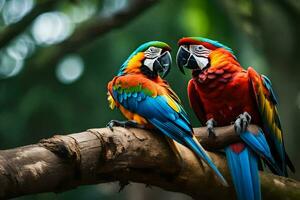 two colorful parrots sitting on a branch. AI-Generated photo