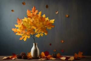 autumn leaves in a vase on a table. AI-Generated photo