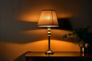 a lamp on a table in front of a wall. AI-Generated photo
