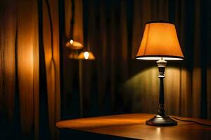 a lamp on a table in a dark room. AI-Generated photo
