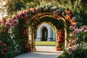 a flower archway leads to a garden filled with flowers. AI-Generated photo