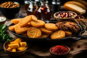 a pan with cheese biscuits, mustard and other ingredients. AI-Generated photo