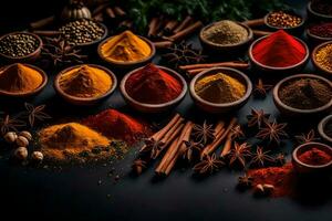 various spices and herbs in bowls on a black background. AI-Generated photo