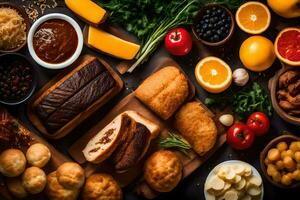 varios tipos de comida en un mesa. generado por ai foto