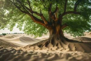 a tree in the desert with sand dunes in the background. AI-Generated photo