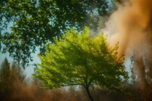 a tree is blowing smoke out of the ground. AI-Generated photo