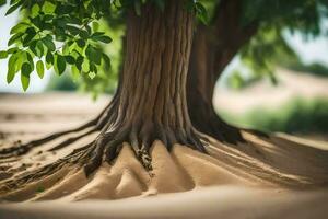 un árbol con raíces en el arena. generado por ai foto