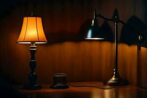 dos lamparas en un mesa en el oscuro. generado por ai foto