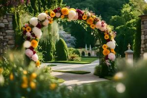 un Boda arco hecho de flores en el jardín. generado por ai foto