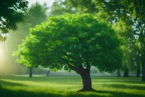 un árbol en un verde campo con luz de sol brillante a través de. generado por ai foto