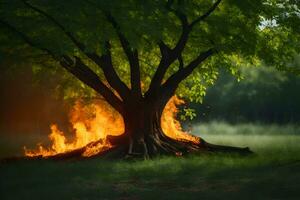 a tree with flames coming out of it in the middle of the field. AI-Generated photo