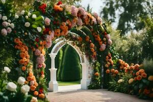 un arco con flores y verdor. generado por ai foto