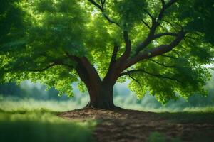 un árbol es mostrado en el medio de un campo. generado por ai foto