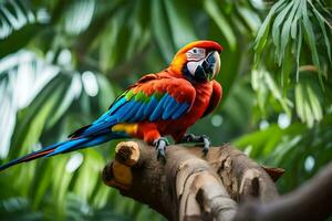 a colorful parrot sits on a branch in the jungle. AI-Generated photo